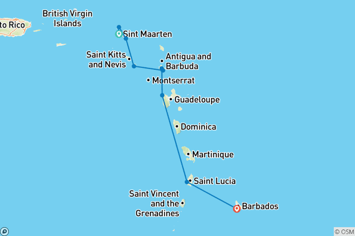 Kaart van Oostelijk Caribisch gebied met St. Barths 2027 - 8 Dagen (van Philipsburg naar Bridgetown)