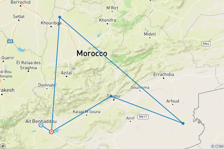 Carte du circuit 3 jours de Marrakech à Merzouga dans le désert