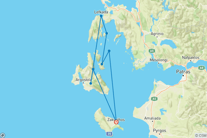 Map of 8-Day Sailing Escape in Greece – Zante to Kefalonia, Ithaca & Beyond
