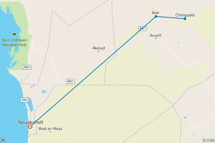 Carte du circuit Traversée du Sahara - Mauritanie Expédition de 7 jours dans le désert de l'Adrar