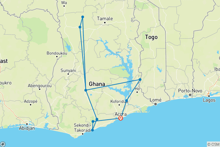 Map of Ghana Wildlife and Culture Tour - 12 Days