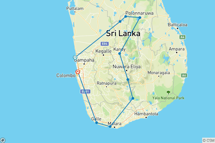 Map of Sri Lanka Bike Tour
