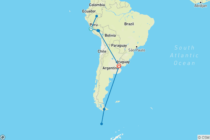 Carte du circuit Merveilles du Machu Picchu, de l'Amazonie et de l'Antarctique - Croisière et voyage 2028 - 27 jours