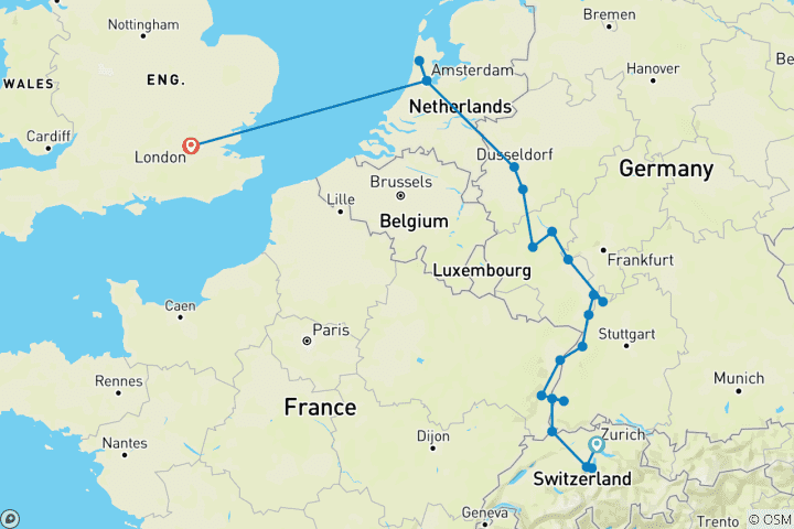 Map of Zurich - Lucerne & Jewels of the Rhine & London