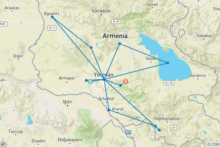 Kaart van 7-daagse begeleide reis door Armenië - gegarandeerd elke maandag