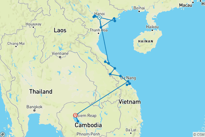 Karte von Majestätisches Vietnam vom Norden bis Zentralvietnam mit Siem Reap (16 Tage)
