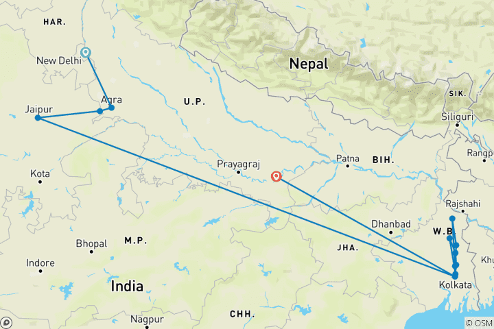 Map of Golden Triangle, Kolkata, Varanasi and Lower Ganges Cruise Delhi → Varanasi (2027)
