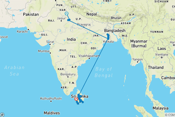 Map of Ultimate India and Sri Lanka 2026 - Delhi to Galle, 2027 - Delhi to Negombo (2027)
