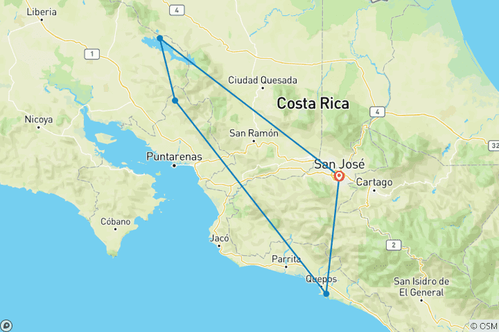 Carte du circuit Circuit d'aventure et d'écoluxe au Costa Rica - Volcans, forêts tropicales et plages du Pacifique