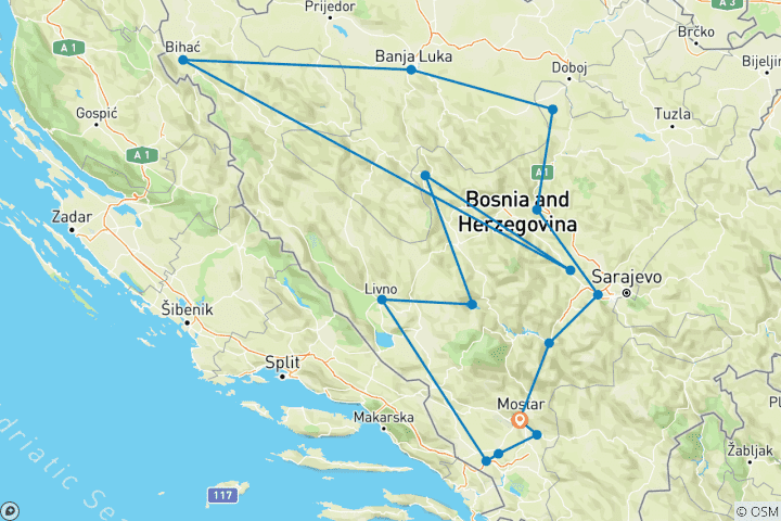 Map of Bosnia 11-day immersive cultural tour from Mostar. Visit medieval fortresses. Enjoy spectacular mountains, sparkling rivers and breathtaking scenery. Plenty of Ottoman Empire legacy. Lots of culture, history and nature. Unforgetable cuisine and wine!