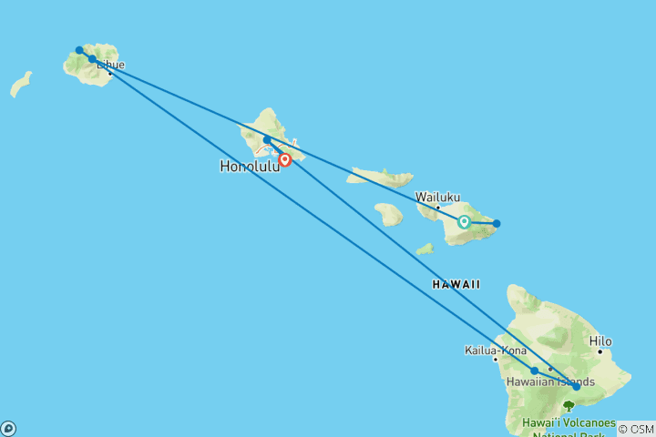 Kaart van Luxe reisroute door Hawaï - de beste resorts, stranden en natuurbelevenissen