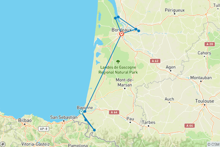 Kaart van Van Frans Baskenland naar Bordeaux – geniet van de Franse keuken aan de voet van de Pyreneeën – ontdek Bordeaux & zijn buitengebieden – een cruise van haven tot haven