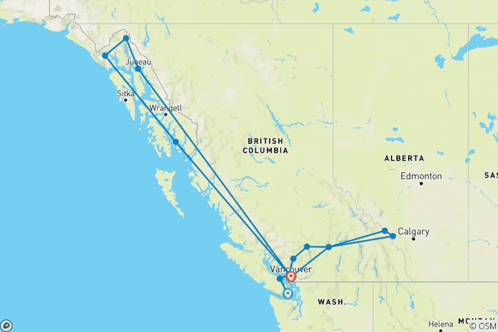 Mapa de Crucero Grandeza de las Rocosas y Paso Interior de Alaska 2027 - 19 Días (17 destinations)