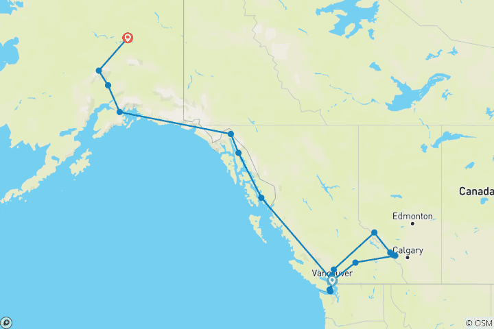 Mapa de Gran Aventura Canadá y Alaska 2027 - 24 Días (from Vancouver to Fairbanks)