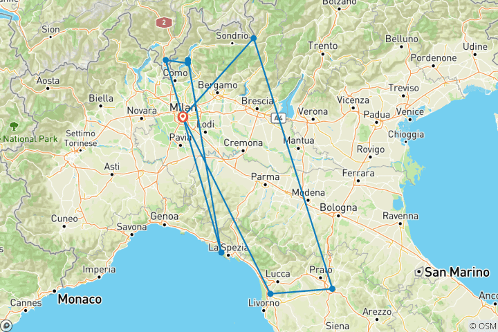 Map of 7 Days from Milan: Cinque Terre, Lake Como, Lugano, St. Moritz, Tirano, Florence & Pisa