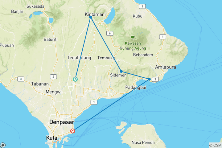 Map of Bali Bike Tour: Rice Terraces, Temples & Coastline