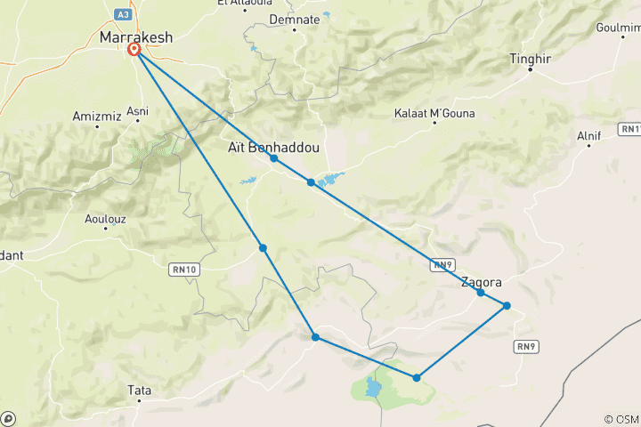 Mapa de Excursión de 3 días de Marrakech al Desierto de Chegaga