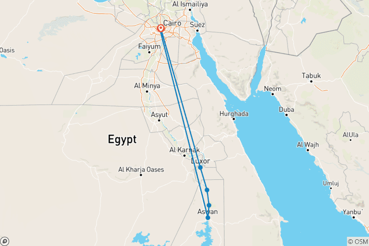 Mapa de Lo más destacado de Egipto Viaje en grupo reducido con Crucero por el Nilo | 6 Noches / 7 Días (Servicio rápido) Plazas limitadas disponibles.