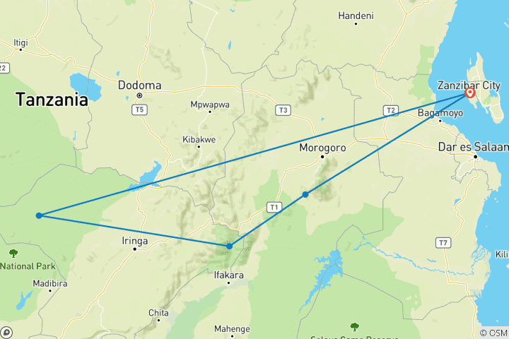 Carte du circuit 7 jours d'escapade nature et faune dans le sud de la Tanzanie