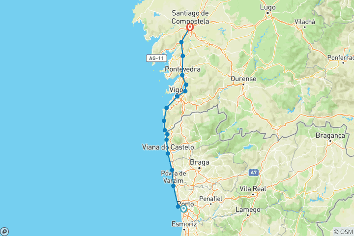 Karte von Portugiesischer Jakobsweg entlang der Küste von Porto (14 Tage)