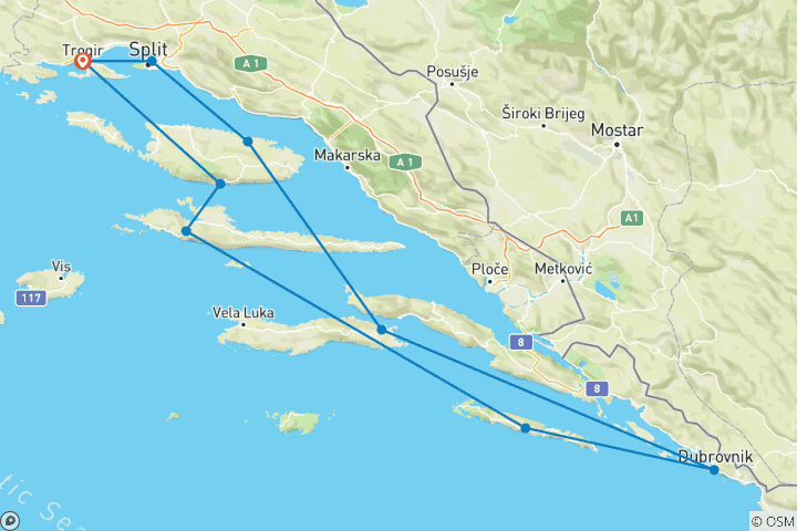 Karte von Split, Trogir Rundfahrt mit Dubrovnik K200 - MS Adriatica 2026