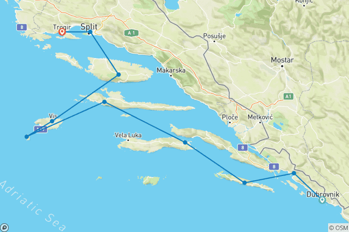 Karte von Dubrovnik nach Split, Trogir Einweg-Kreuzfahrt K270 MS My Way 2026