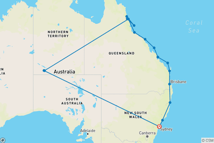 Map of Sydney, Uluru & the Great Barrier Reef - Cruise & Land Journey