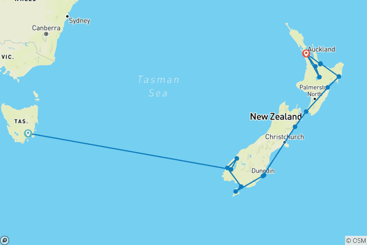 Kaart van Nieuw-Zeeland wonderen met Auckland & Huka Lodge - Cruise & Land reis