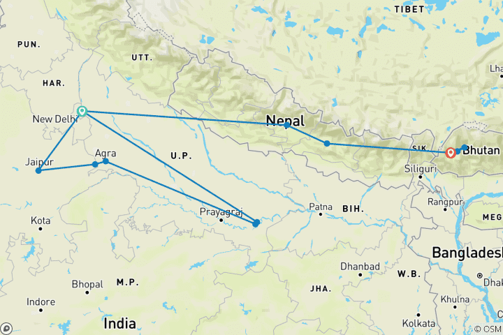 Map of Himalayan Trilogy: India, Nepal and Bhutan