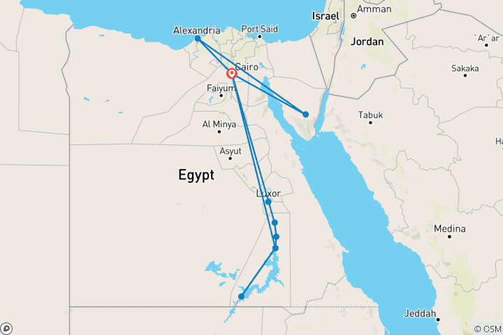 Carte du circuit 12 jours de pèlerinage en Égypte sur la route de la Sainte Famille et de l'héritage spirituel égyptien