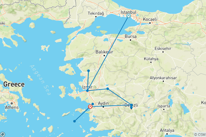 Karte von Sieben Kirchen der Offenbarung Türkei & Griechenland Tour 8 Tage / 7 Nächte
