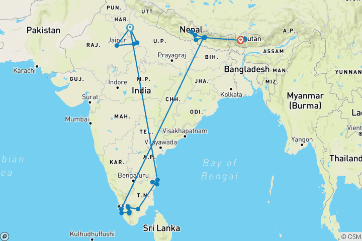 Kaart van India Noord naar Zuid met Nepal & Bhutan ervaring