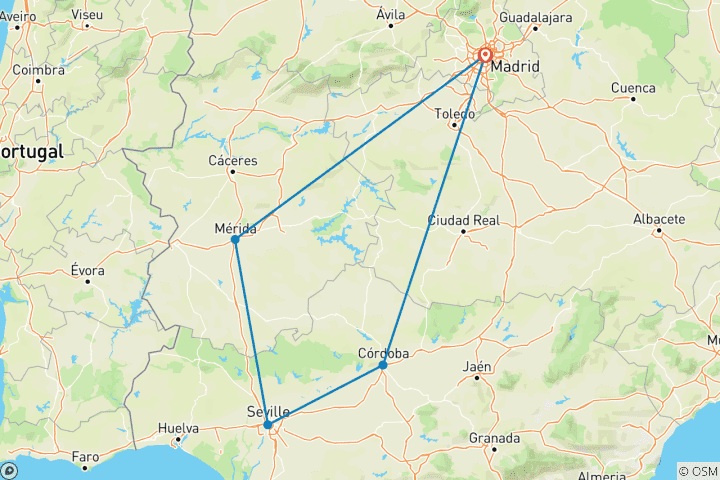 Kaart van 7-daagse Madrid, Merida, Sevilla & Cordoba