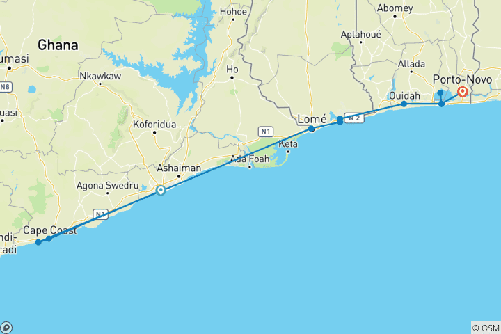 Carte du circuit 10 JOURS EN AFRIQUE DE L'OUEST : GHANA, TOGO & BENIN