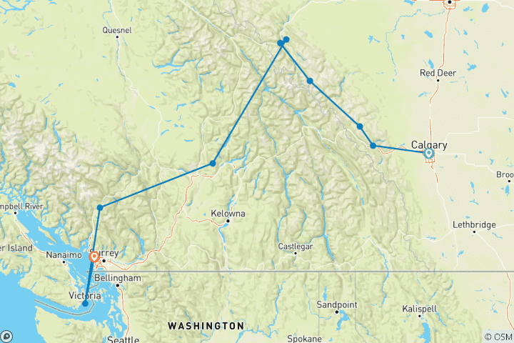 Karte von Kanada Mietwagenreise: Von den Rocky Mountains bis zum Pazifik