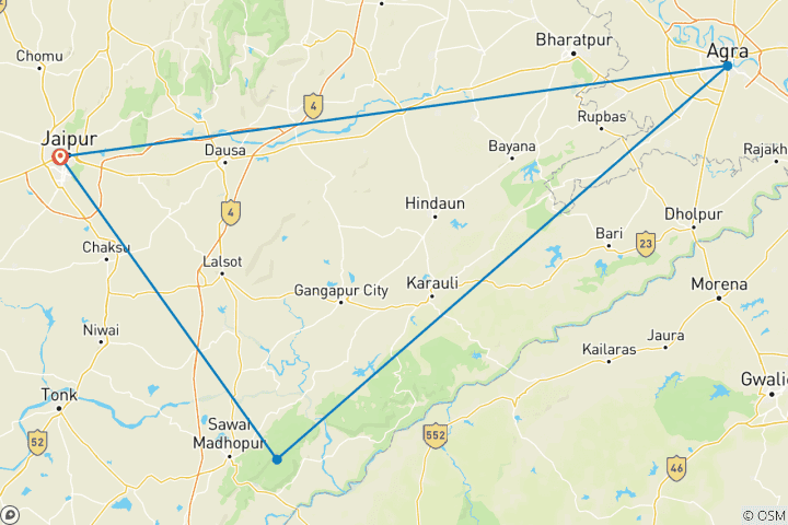 Map of Taj Mahal Tour With Ranthambore Tiger Safari from Jaipur 3 Days