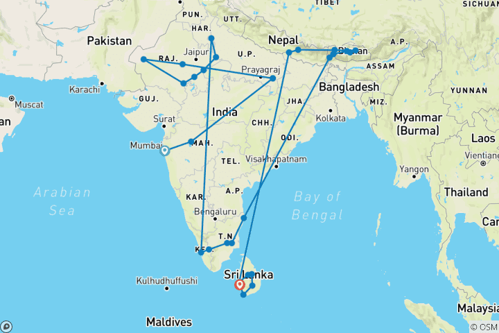 Carte du circuit L'incroyable expérience de l'Inde avec le Népal, le Bhoutan et le Sri Lanka