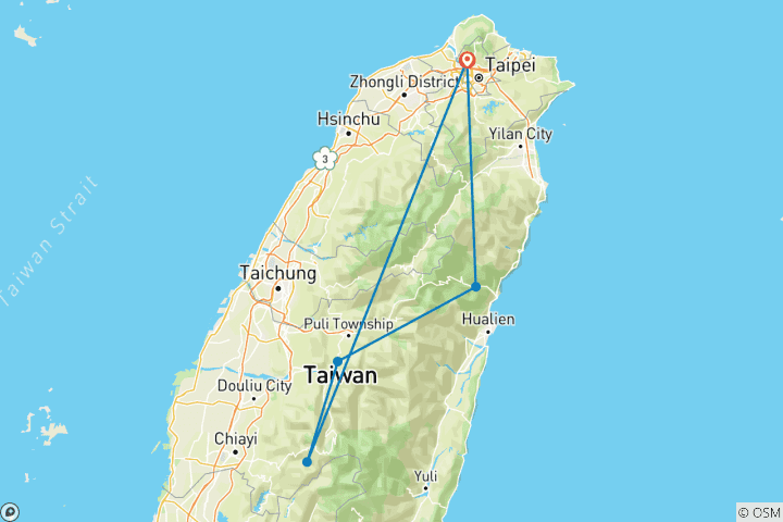 Mapa de Los Tres Mejores de Taiwán con Taroko Excursión Privada de 5 Días (Premium)