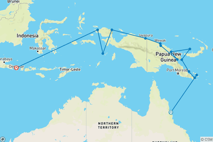 Karte von Entdecken Sie den Pazifik: Abgelegene Inseln und tropische Küsten – – 24 Tage (von Cairns nach Bali)