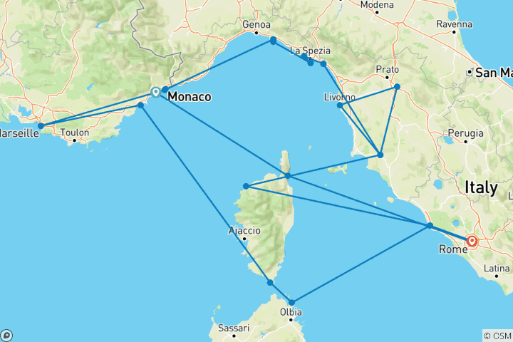Carte du circuit Découvrez le charme des Rivieras 2028 – 15 jours (de Nice à Rome)