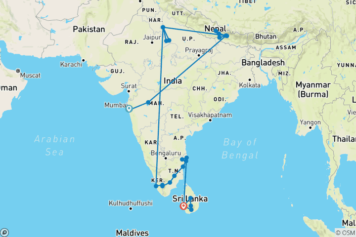 Kaart van Ongelooflijke reis naar India, Nepal & Sri Lanka