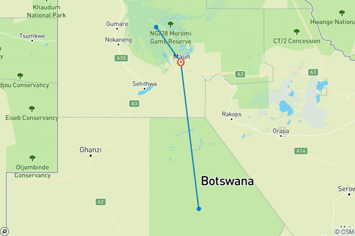 Carte du circuit 7 jours de voyage culturel et sauvage dans le désert et le delta du Botswana 2026