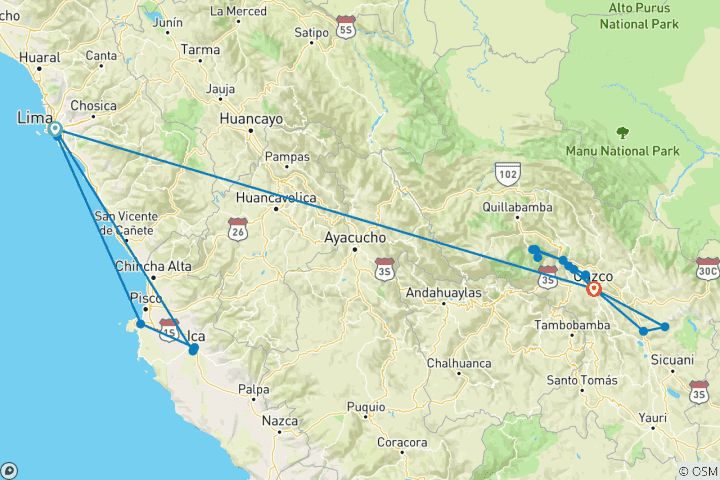 Map of Hosted by Genesis with G R Best Travel - Inca Adventures – 8 Days (Lima, Paracas, Ica, Cusco, Machu Picchu & Rainbow Mountain) – With Domestic Flights