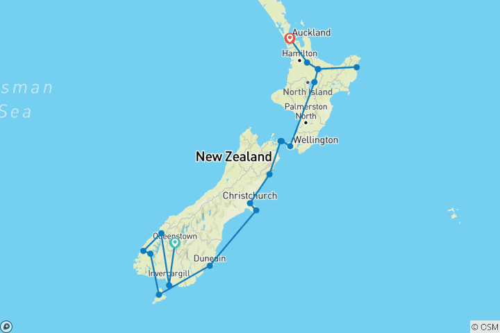 Mapa de Expedición costera por Nueva Zelanda con paisajes urbanos a gemas geotérmicas Queenstown → Auckland (2028)
