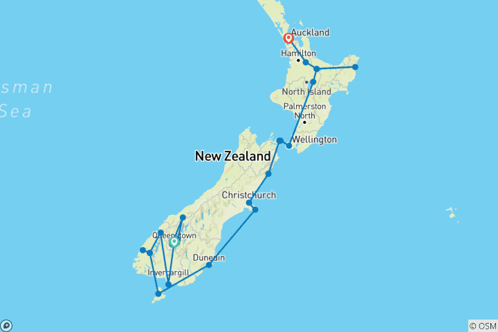 Kaart van Nieuw-Zeelandse kustreis met geothermische wonderen en zuidelijke bergtoppen Queenstown → Auckland (2028)