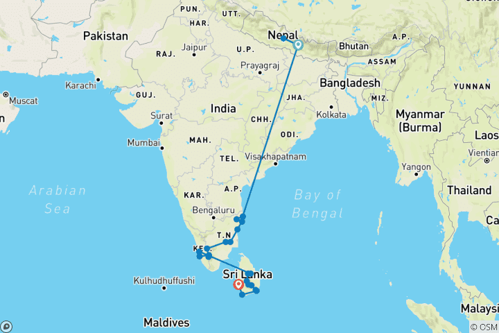 Kaart van Ontsnappen aan de natuur in Nepal, Zuid-India & Sri Lanka