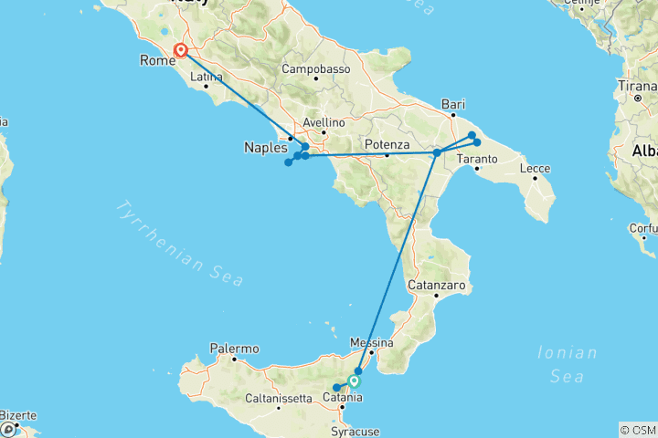 Map of Southern Italy & Sicily featuring Taormina, Matera and the Amalfi Coast (Giardini Naxos to Rome) (2027)