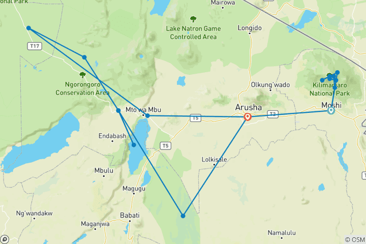 Mapa de Tanzania: Ruta Machame del Kilimanjaro y fauna salvaje del Serengeti