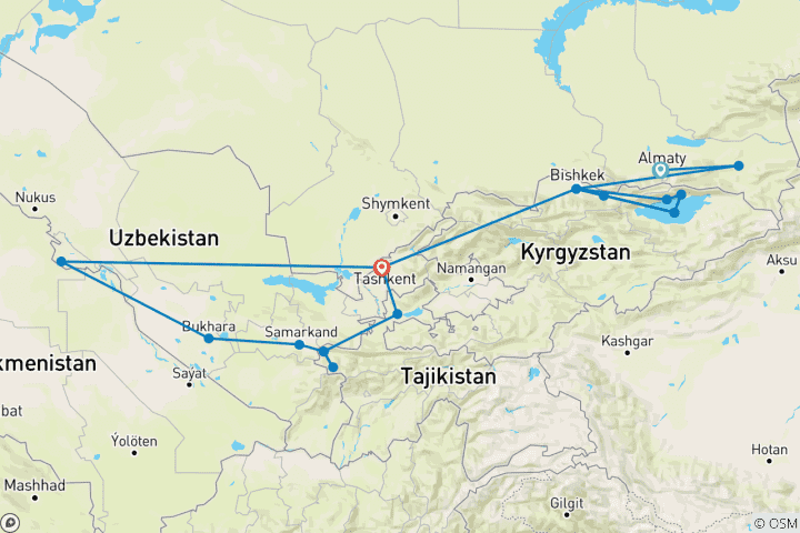 Karte von Zentralasien 17 Tage Tour 4 Länder