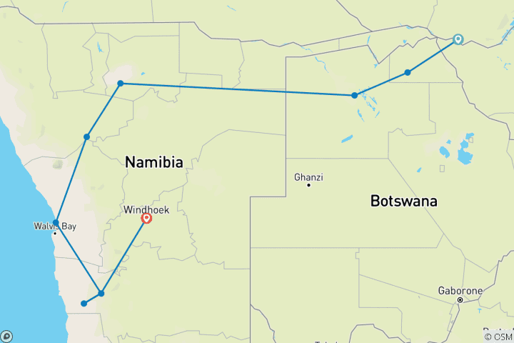 Carte du circuit Chutes, Botswana et Namibie 2027 - 15 jours